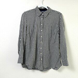 Talbots Button Front Top Petite M MP Black White Gingham Check Roll Tab Sleeve